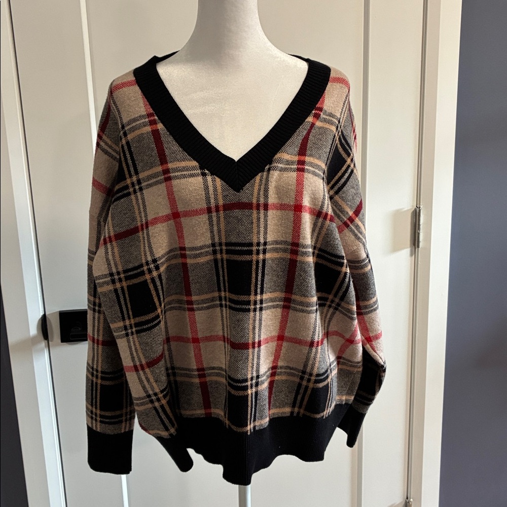 Tahari Women's V-Neck Plaid Sweater - 1X